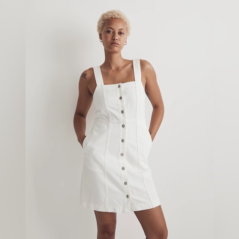 Madewell Denim Square-Neck Sleeveless Mini Dress In Tile White Nl444